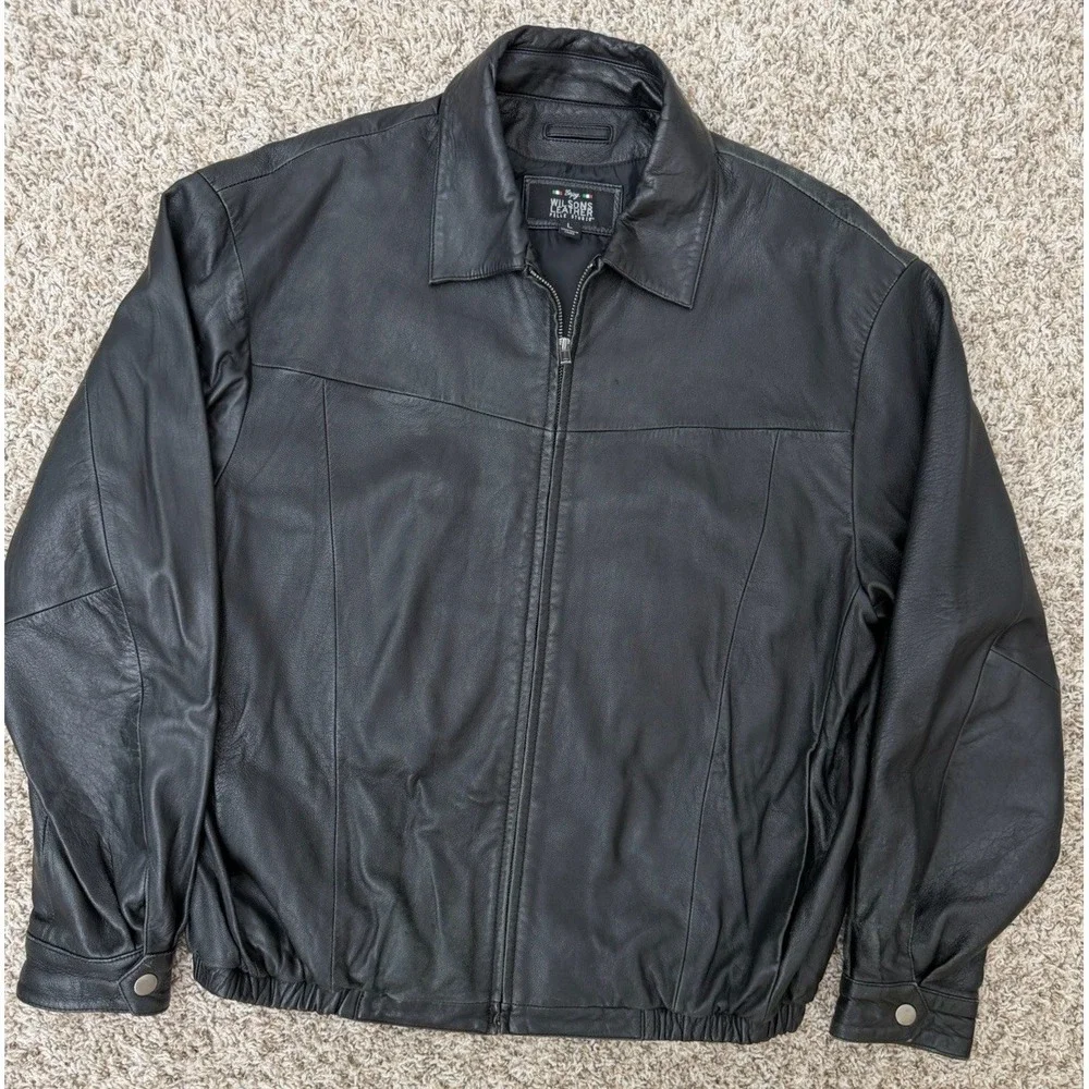 Pelle Studio Wilsons Leather Jacket Mens L Black Bomber Zip Pockets Lined VTG